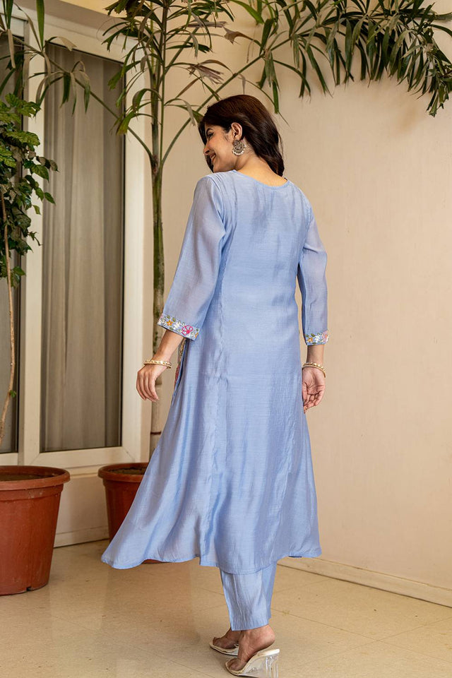 Blue Solid Chanderi Straight Cut Suit Set