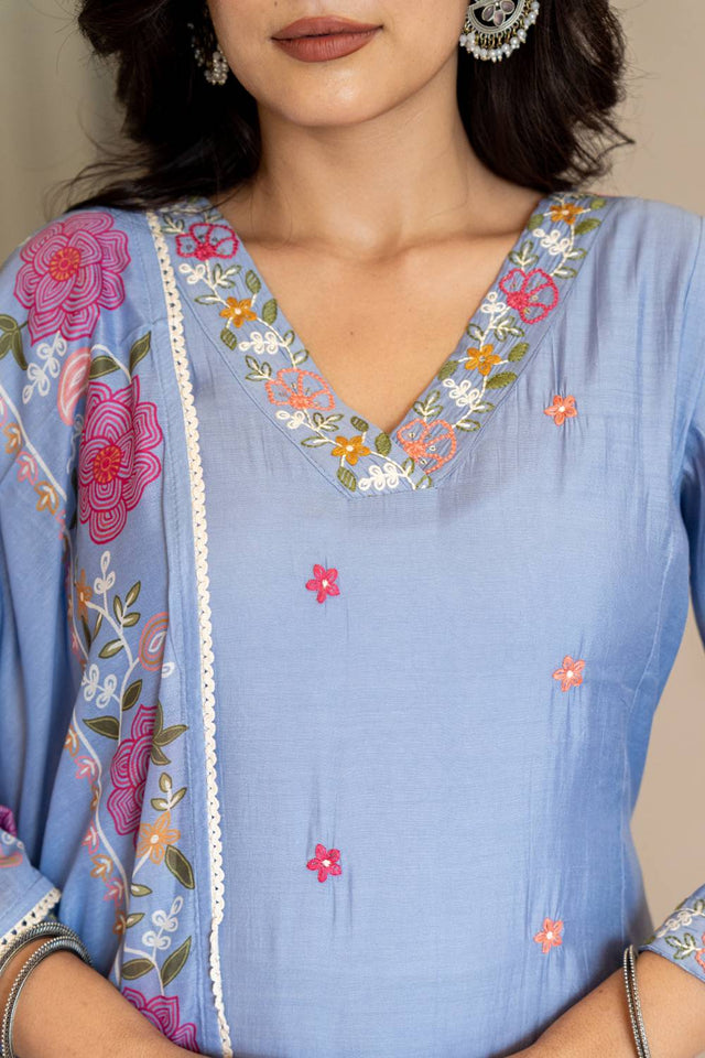 Blue Solid Chanderi Straight Cut Suit Set