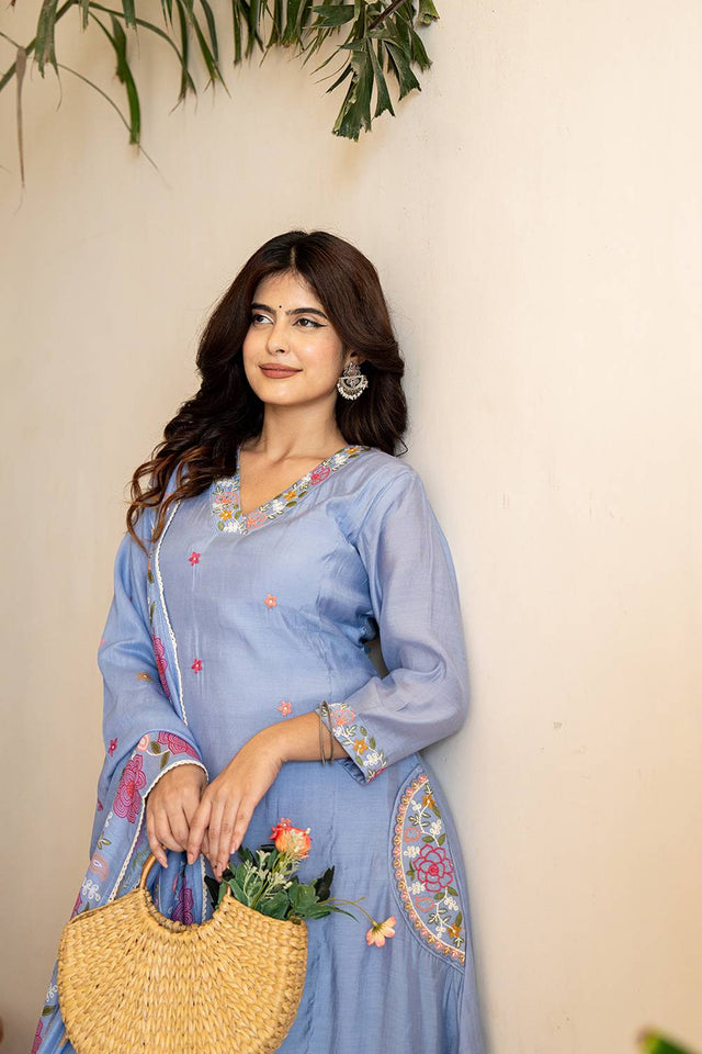 Blue Solid Chanderi Straight Cut Suit Set