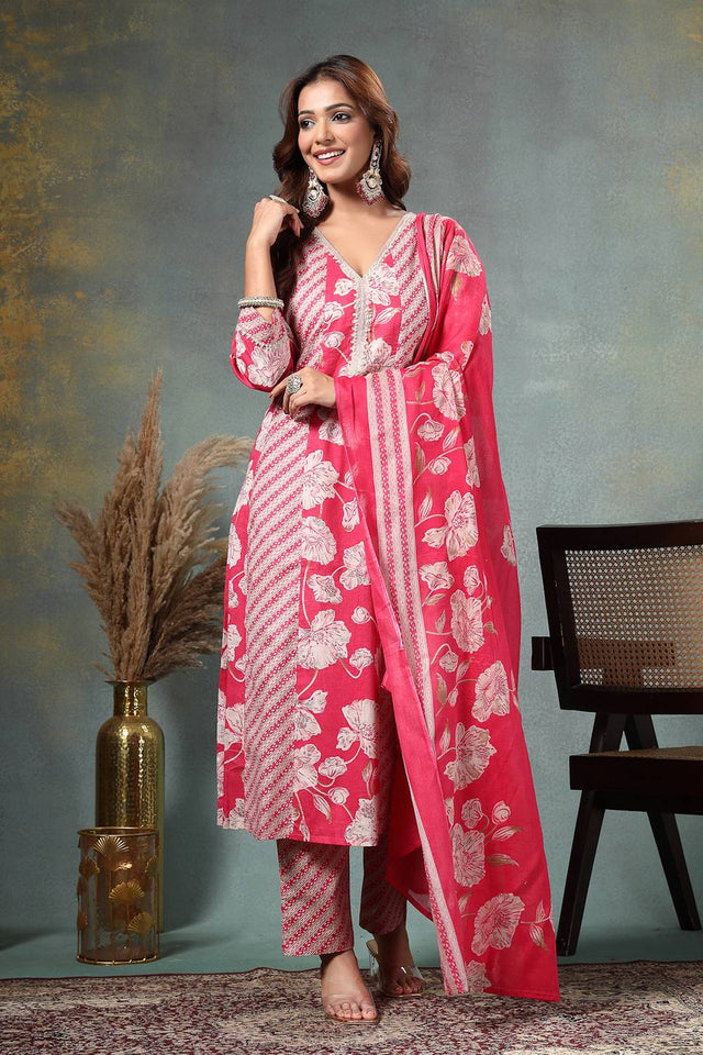 Pink Floral Printed Cotton Anarkali Suit Set