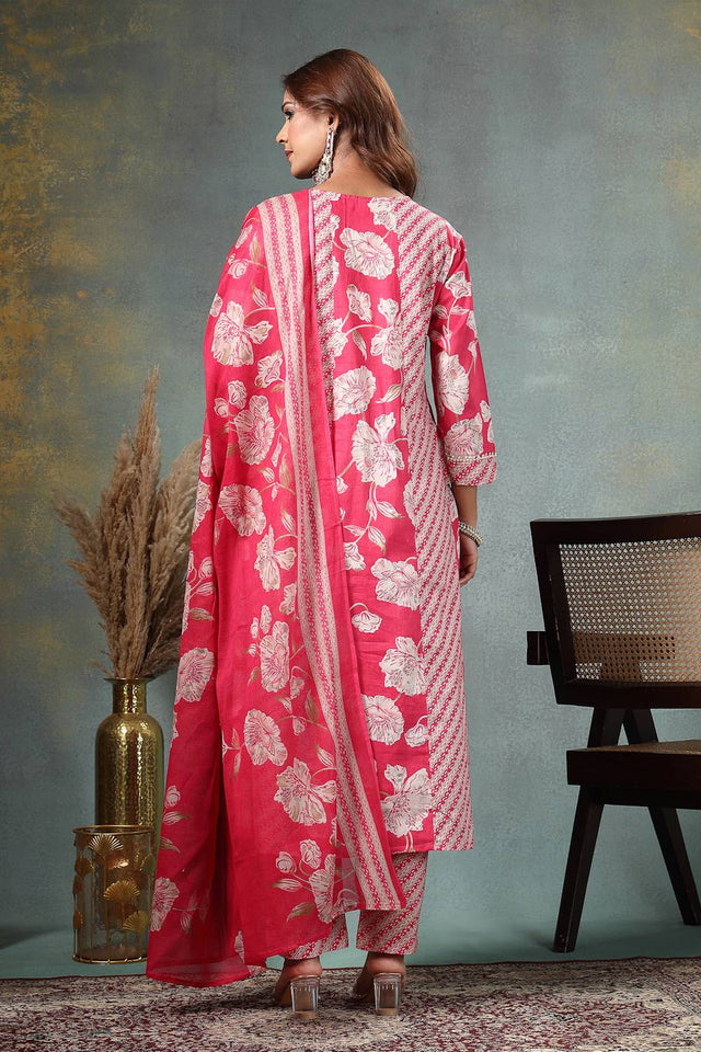 Pink Floral Printed Cotton Anarkali Suit Set