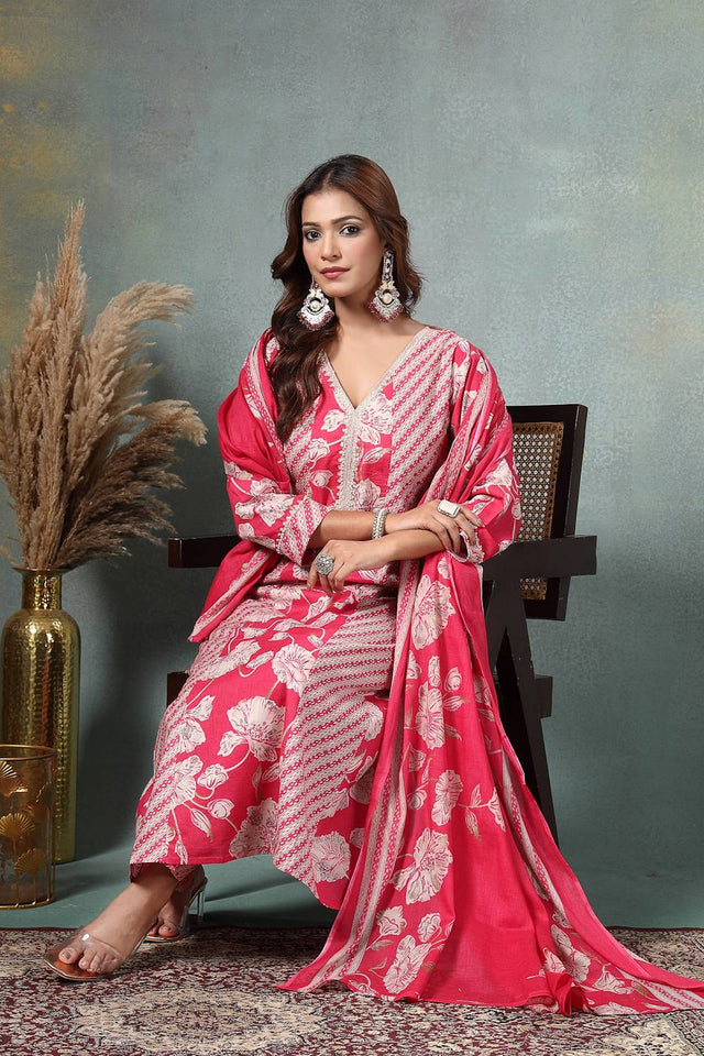 Pink Floral Printed Cotton Anarkali Suit Set