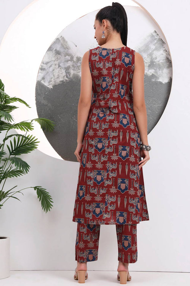 Rust Printed Cotton Straight Cut Suit Set