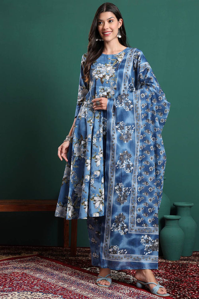Blue Floral Printed Cotton Straight Cut Suit Set