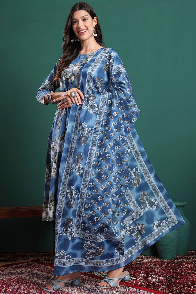 Blue Floral Printed Cotton Straight Cut Suit Set