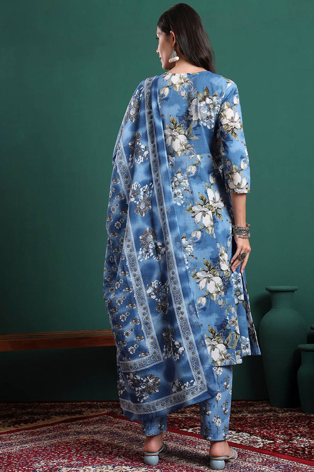 Blue Floral Printed Cotton Straight Cut Suit Set