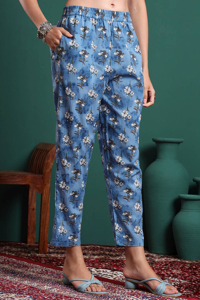 Blue Floral Printed Cotton Straight Cut Suit Set