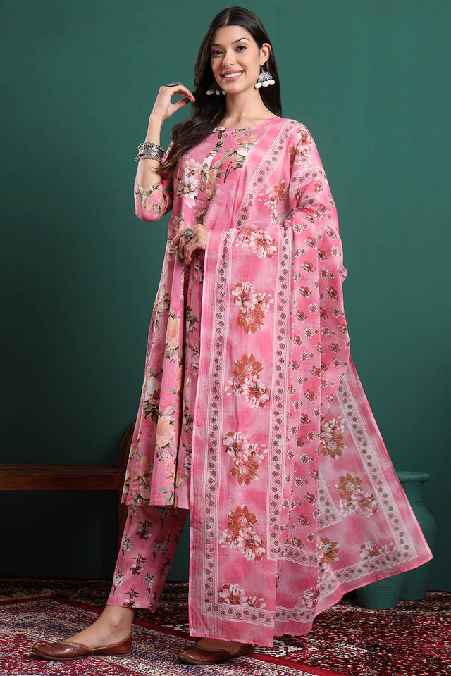 Pink Floral Printed Cotton Straight Cut Suit Set