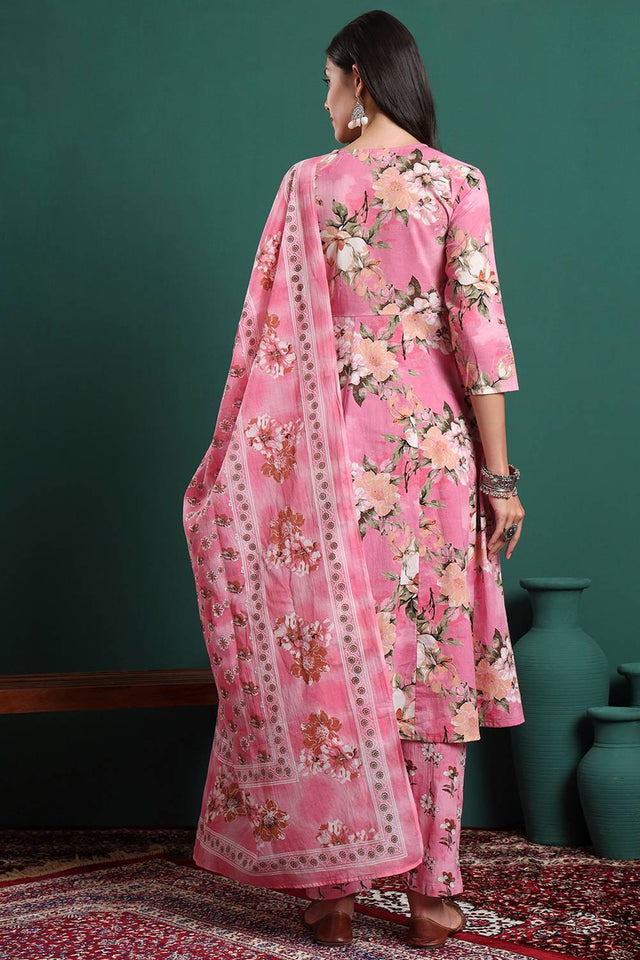 Pink Floral Printed Cotton Straight Cut Suit Set