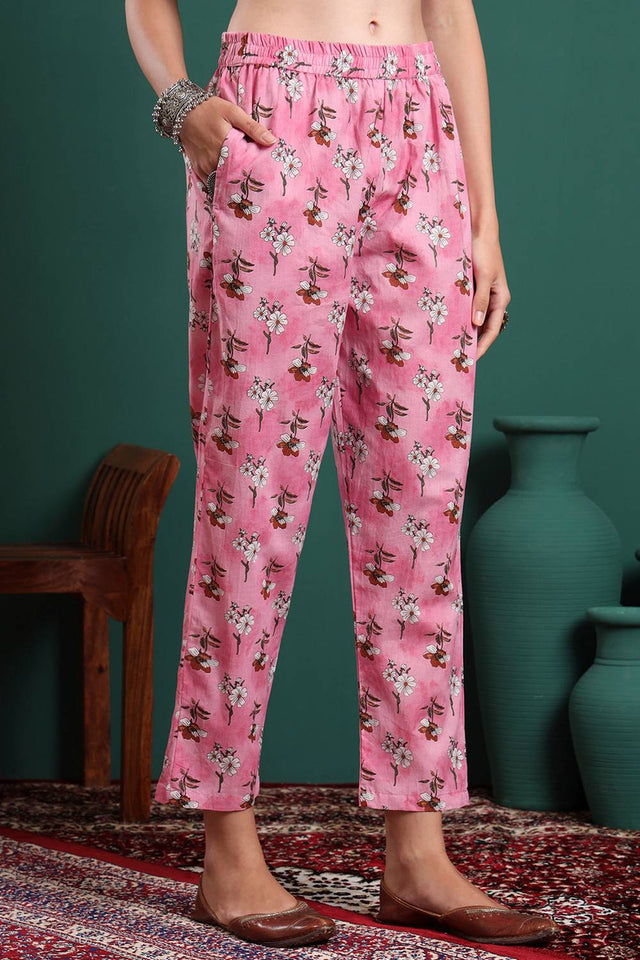 Pink Floral Printed Cotton Straight Cut Suit Set