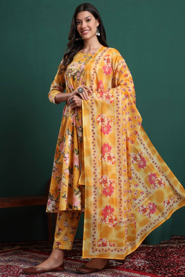 Yellow Floral Printed Cotton Straight Cut Suit Set