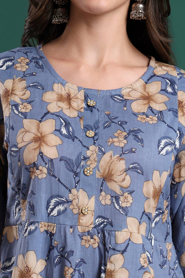 Blue Floral Printed Cotton Straight Cut Suit Set