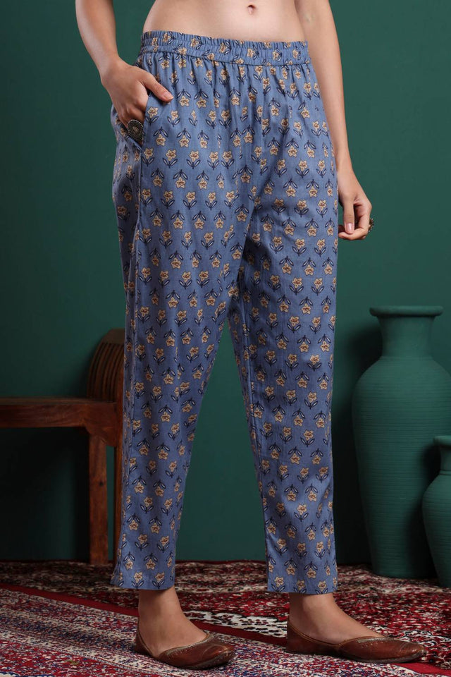 Blue Floral Printed Cotton Straight Cut Suit Set