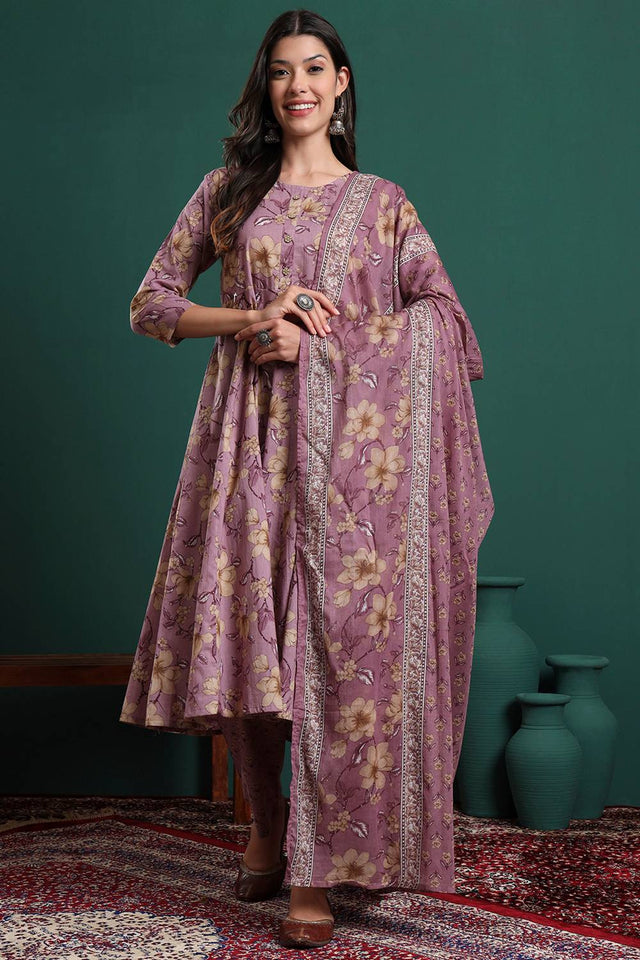 Lavender Floral Printed Cotton Straight Cut Suit Set