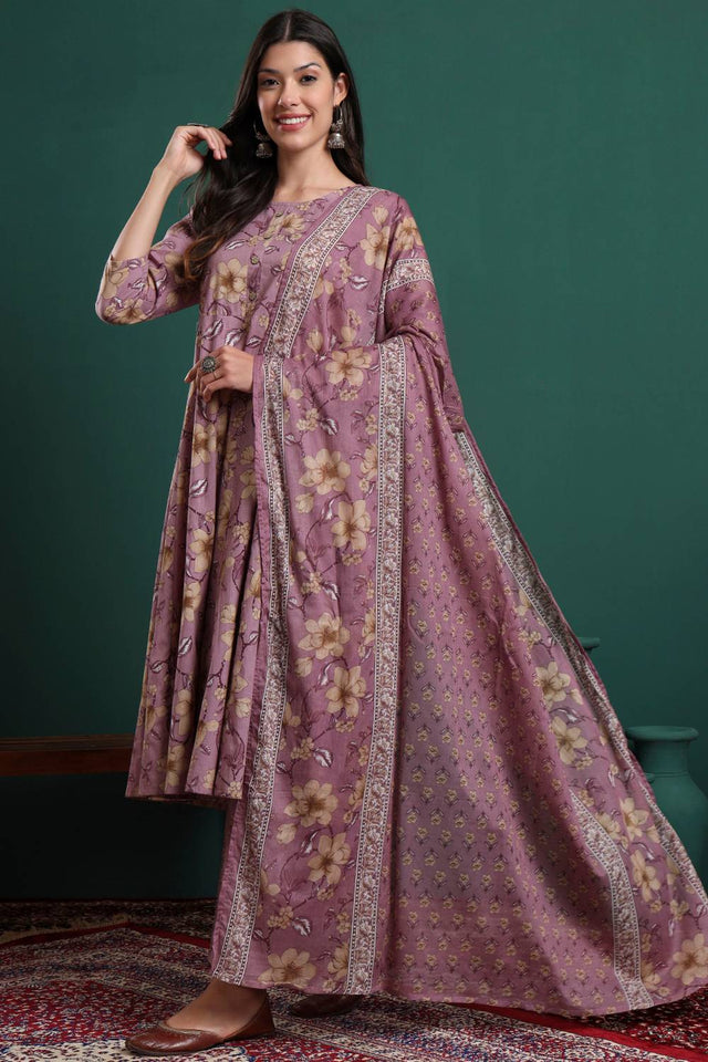 Lavender Floral Printed Cotton Straight Cut Suit Set