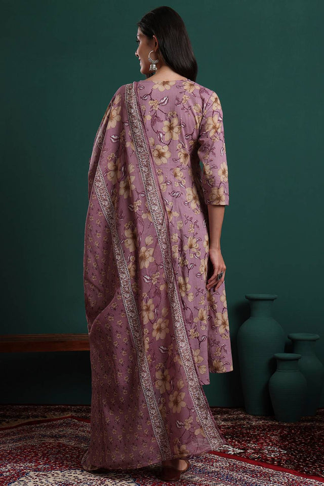 Lavender Floral Printed Cotton Straight Cut Suit Set