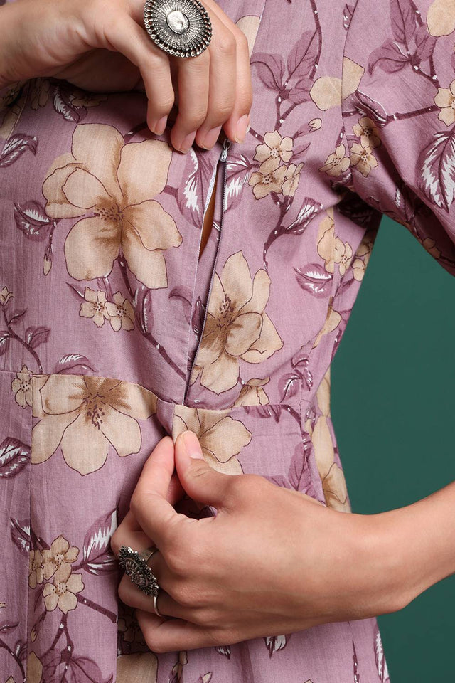 Lavender Floral Printed Cotton Straight Cut Suit Set
