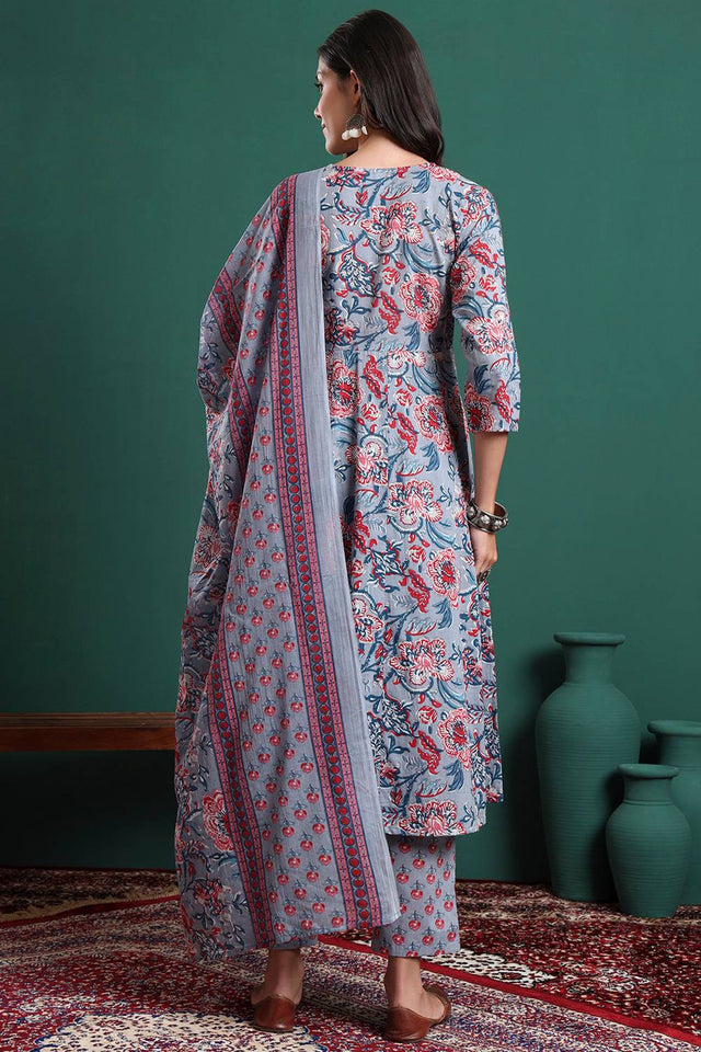 Grey Floral Printed Cotton Straight Cut Suit Set