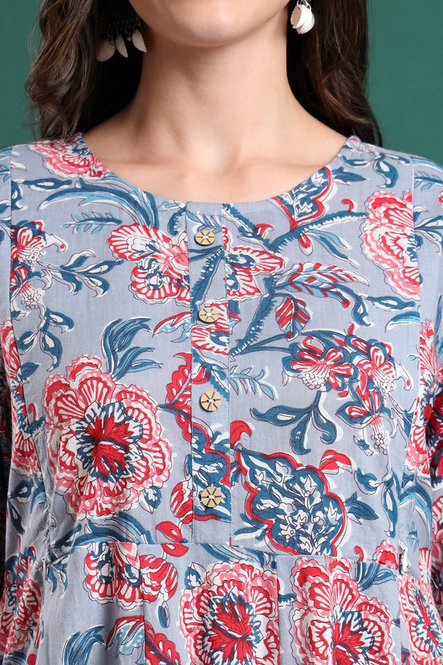 Grey Floral Printed Cotton Straight Cut Suit Set