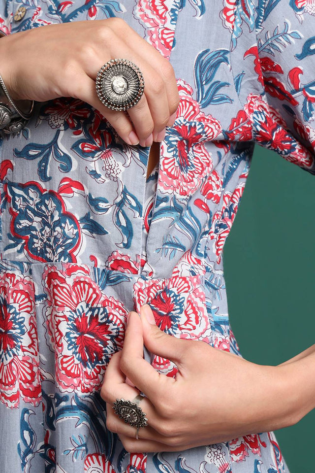 Grey Floral Printed Cotton Straight Cut Suit Set