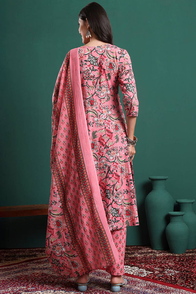 Pink Floral Printed Cotton Straight Cut Suit Set