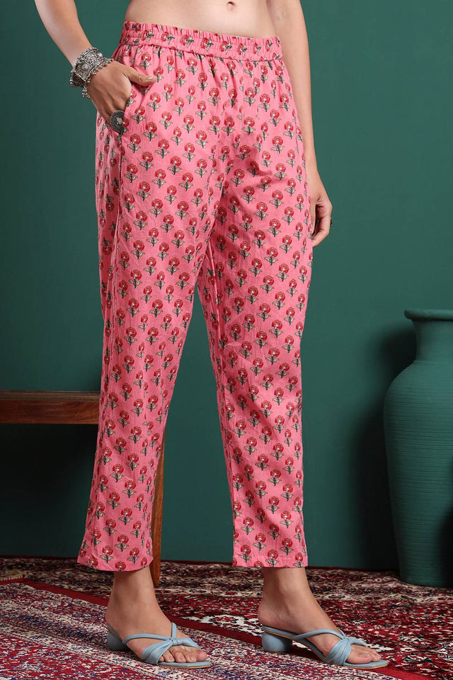 Pink Floral Printed Cotton Straight Cut Suit Set