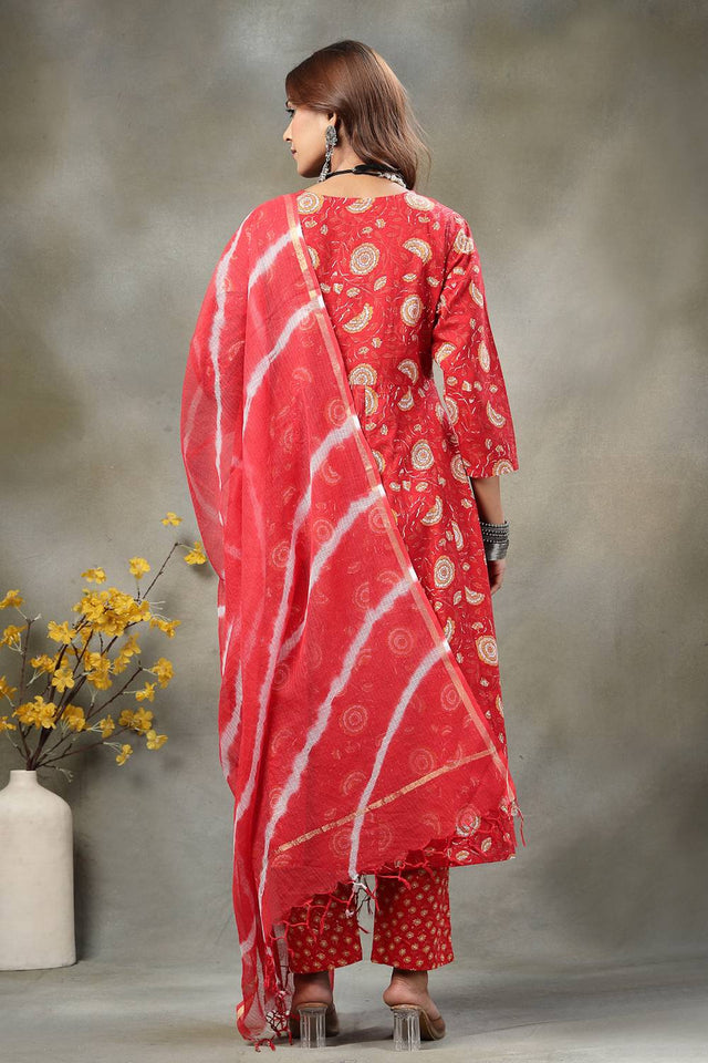 Red Floral Printed Cotton Anarkali Suit Set