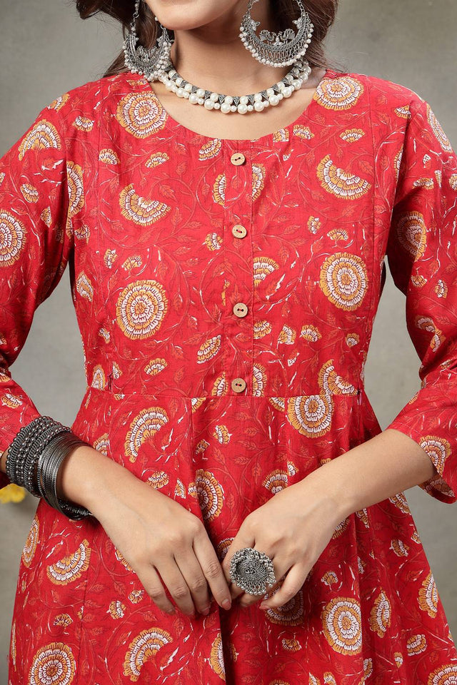 Red Floral Printed Cotton Anarkali Suit Set