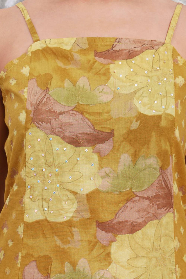 Mustard Floral Printed Cotton Straight Cut Suit Set