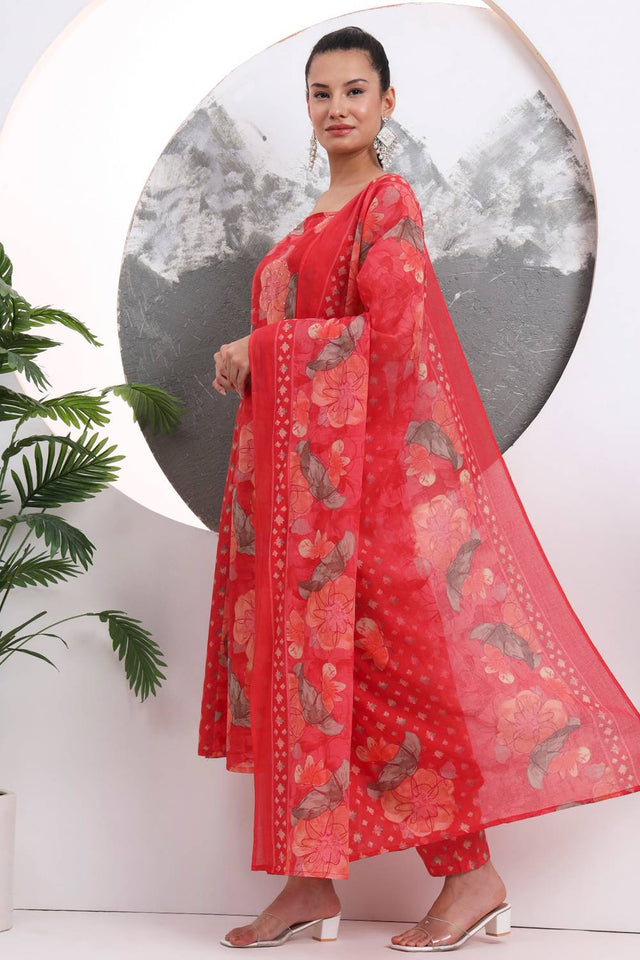 Red Floral Printed Cotton Straight Cut Suit Set