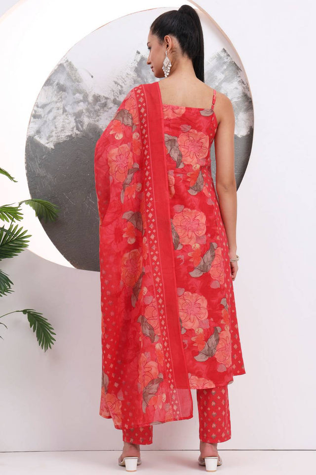 Red Floral Printed Cotton Straight Cut Suit Set