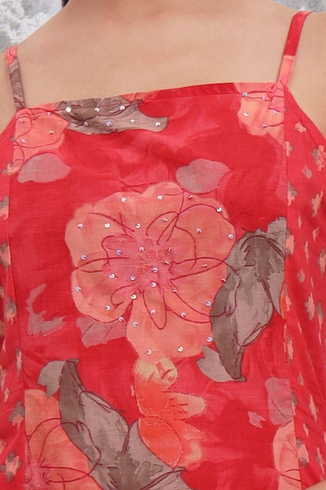 Red Floral Printed Cotton Straight Cut Suit Set