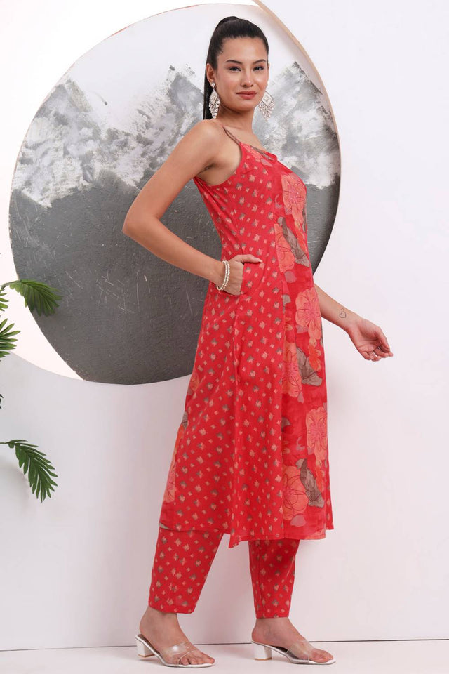 Red Floral Printed Cotton Straight Cut Suit Set