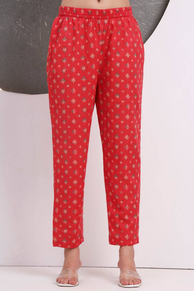 Red Floral Printed Cotton Straight Cut Suit Set