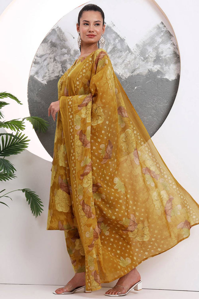 Mustard Floral Printed Cotton Straight Cut Suit Set