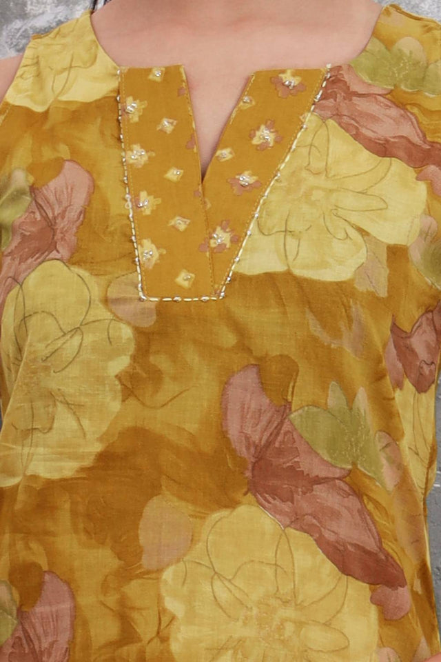 Mustard Floral Printed Cotton Straight Cut Suit Set