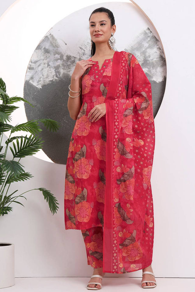 Red Floral Printed Cotton Straight Cut Suit Set
