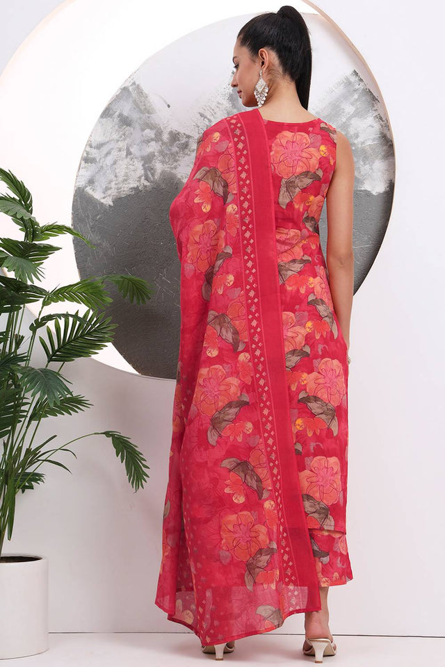 Red Floral Printed Cotton Straight Cut Suit Set
