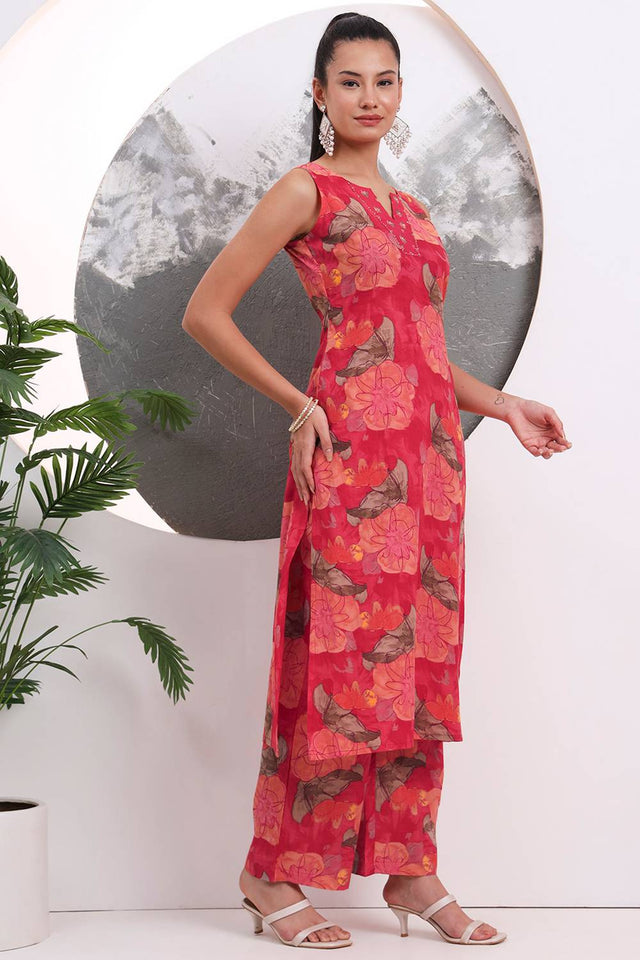 Red Floral Printed Cotton Straight Cut Suit Set