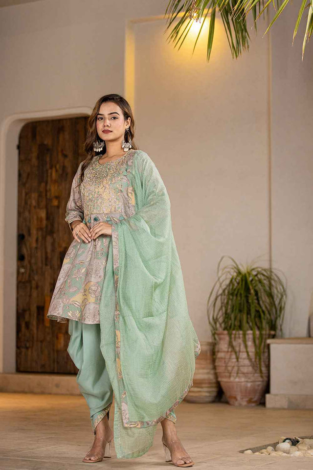 Green Floral Print Zari Work Pure Cotton Kurti Pant Set