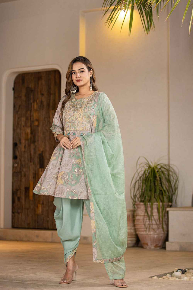 Green Floral Print Zari Work Pure Cotton Kurti Pant Set