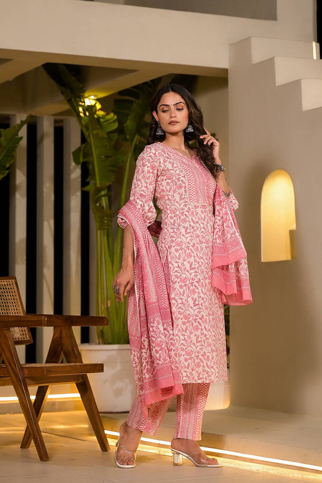 Pink Printed Cotton Straight Cut Suit Set