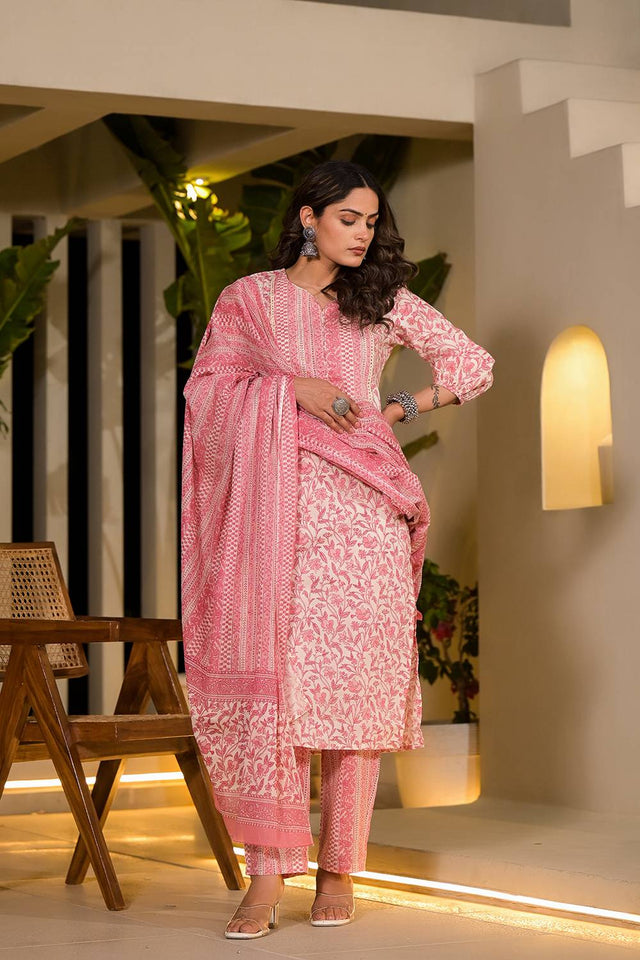 Pink Printed Cotton Straight Cut Suit Set