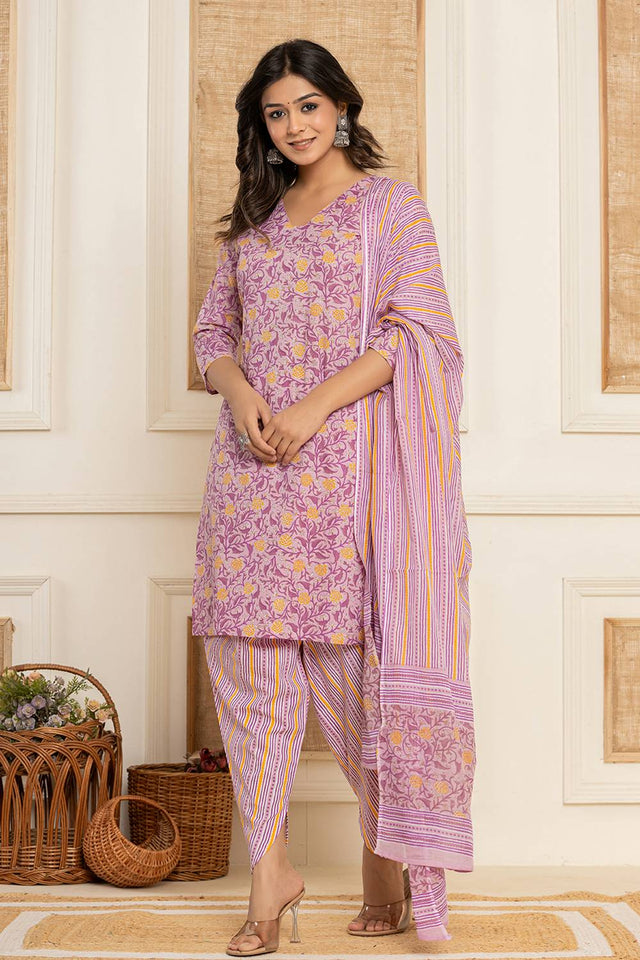 Lavender Floral Printed Cotton Punjabi Suit Set