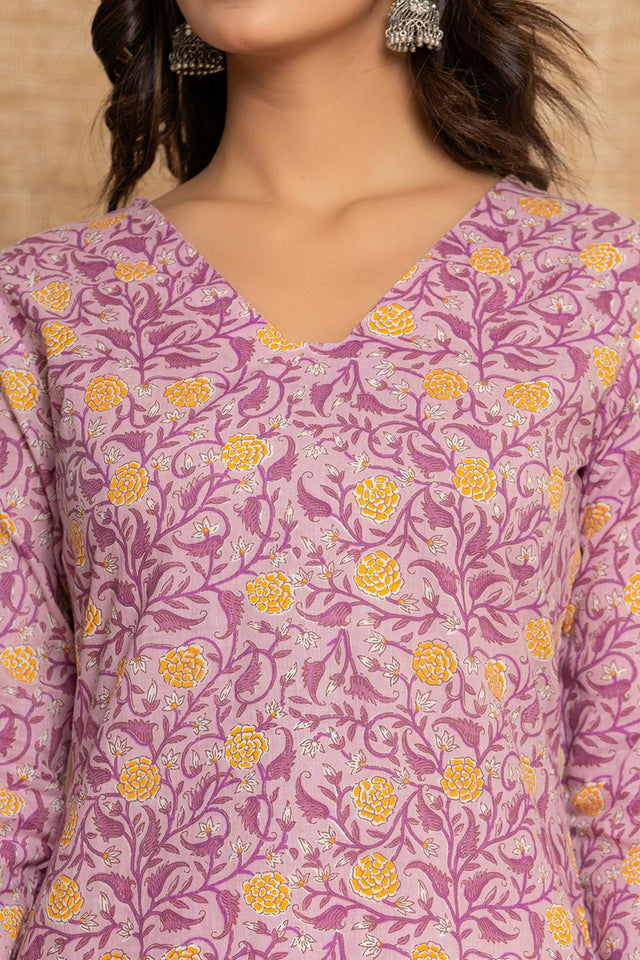 Lavender Floral Printed Cotton Punjabi Suit Set