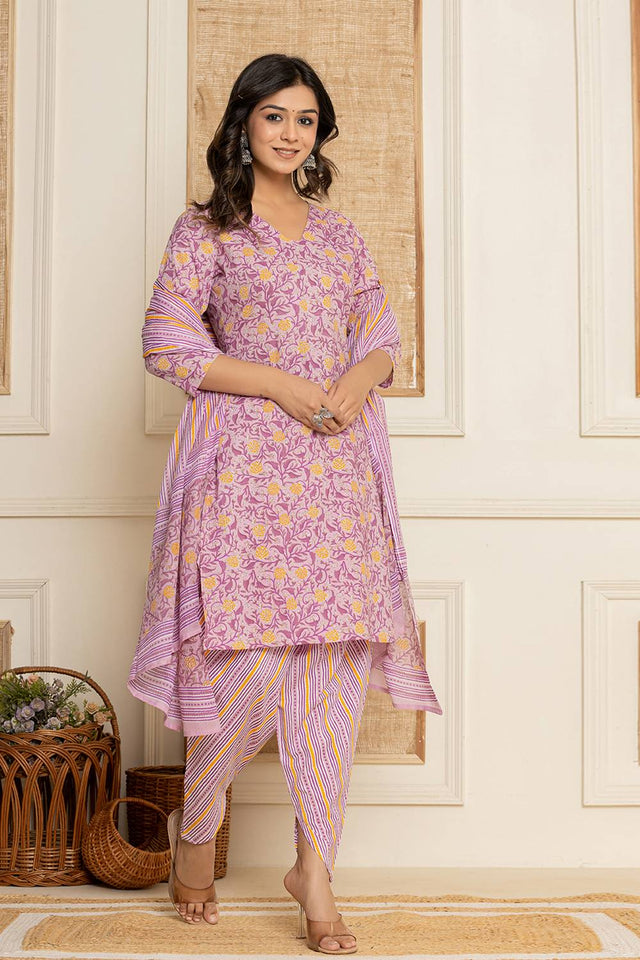 Lavender Floral Printed Cotton Punjabi Suit Set
