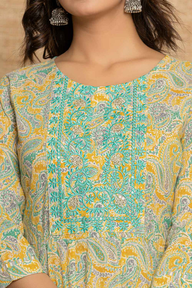 Yellow Paisley Print Thread Work Pure Cotton Kurti Pant Set