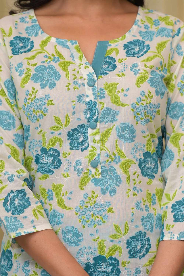 White Floral Print Cotton Kurti Pant Set