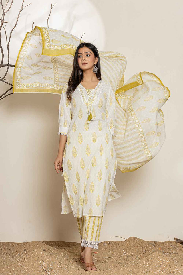 White Floral Printed Cotton Kurti Pant Set