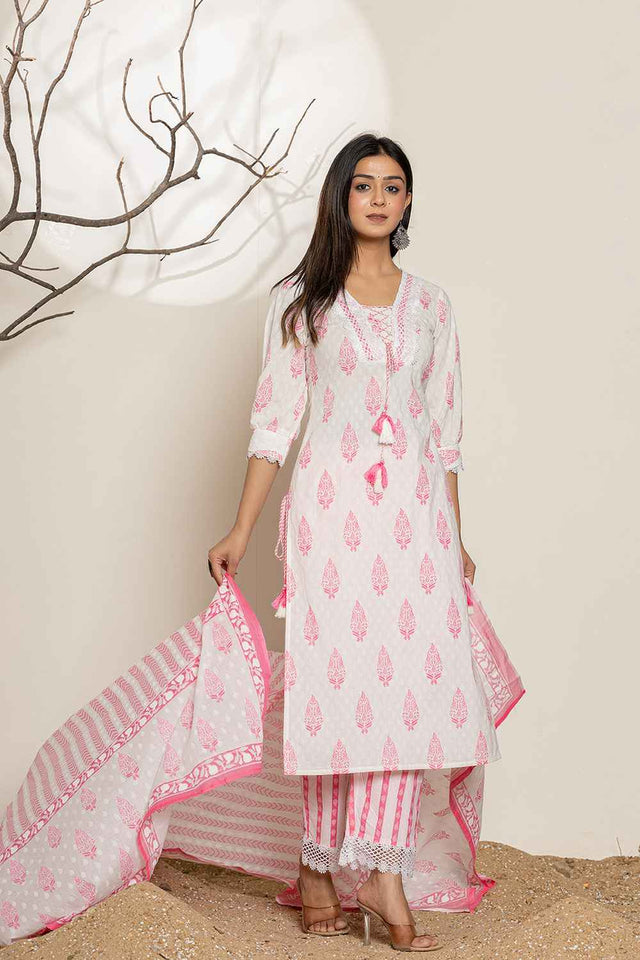 White Floral Printed Cotton Kurti Pant Set